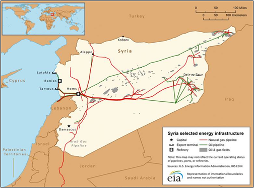 Map of gas and oil pipelines in Syria according to data from the U.S. Energy Information Administration