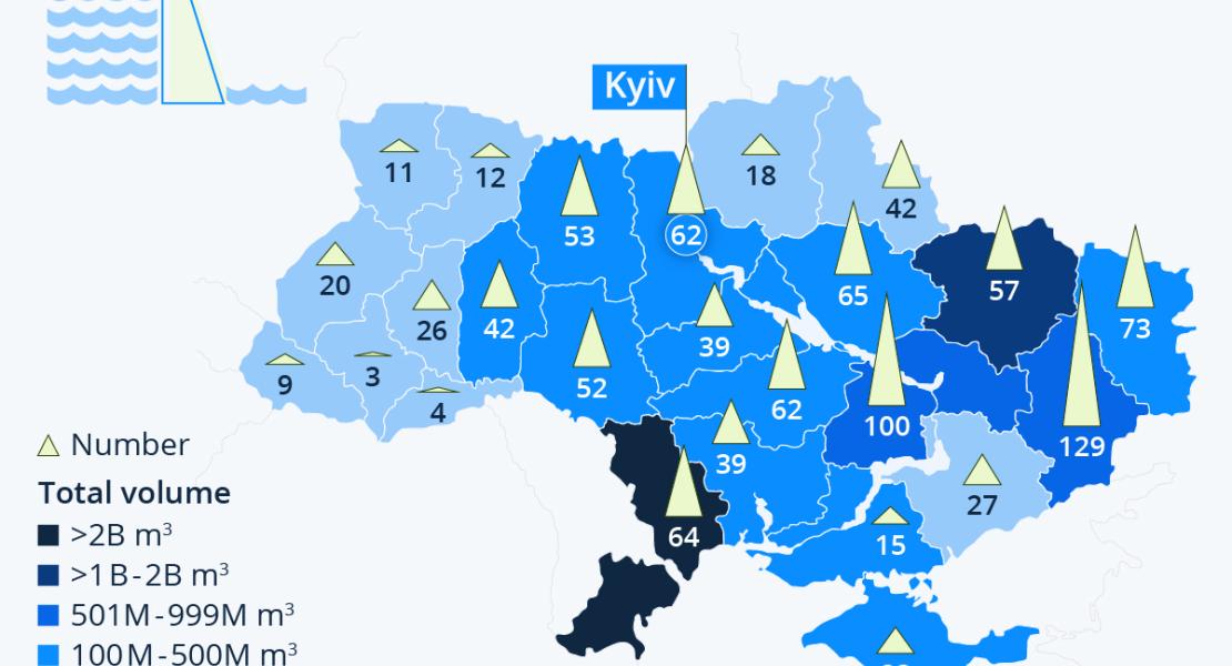 Инфографика, показваща къде се намират над 1000 водохранилища в Украйна и обема на наличната вода.