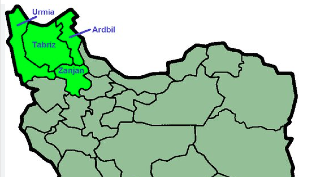 Територията на Ирански Азербайджан (дадена в светло зелено) в северозападната част на Ислямска Република Иран.